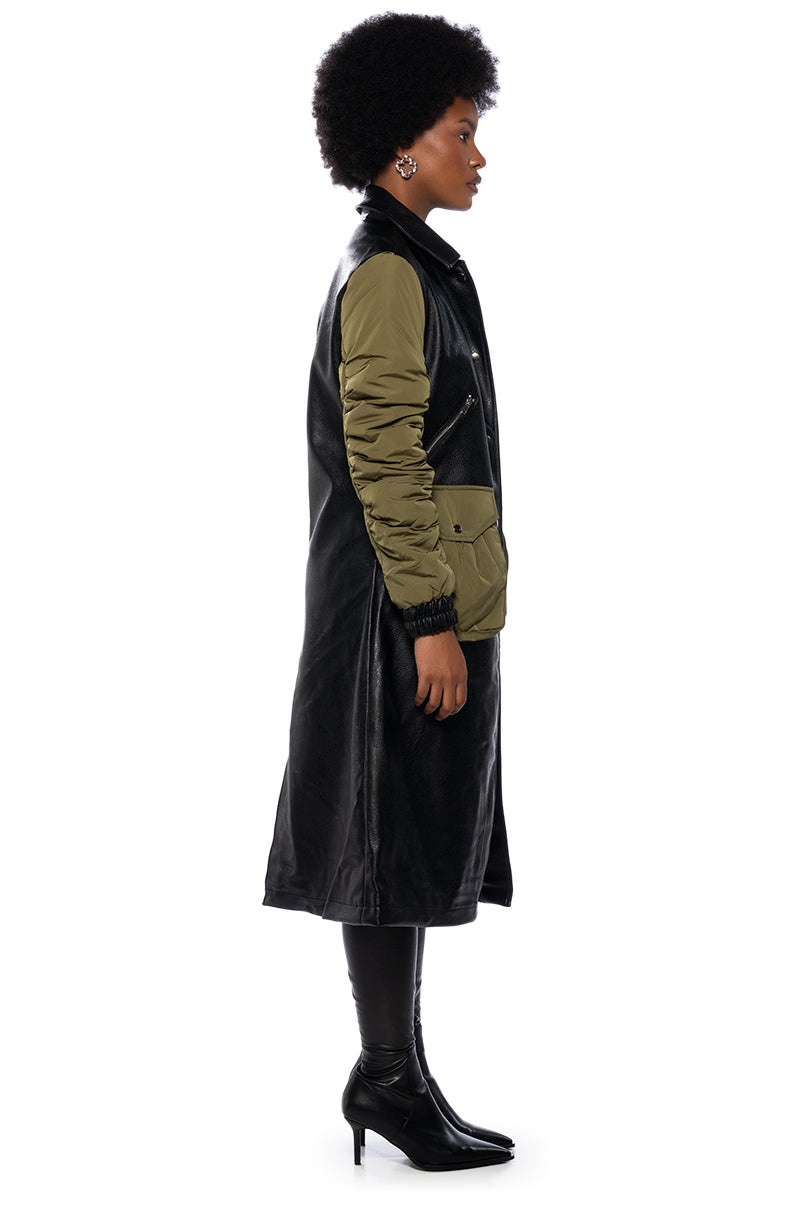 HYBRID MOTO PLEATHER TRENCH