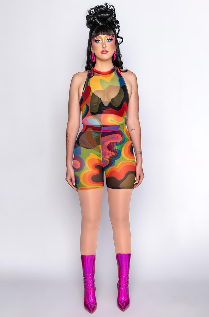 I AM ME MOCK NECK SLEEVELESS MESH BODYSUIT
