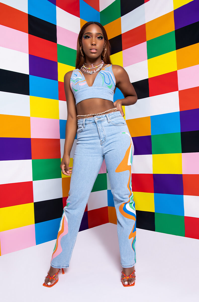 I AM ME SHAR STRAIGHT PRINTED DENIM