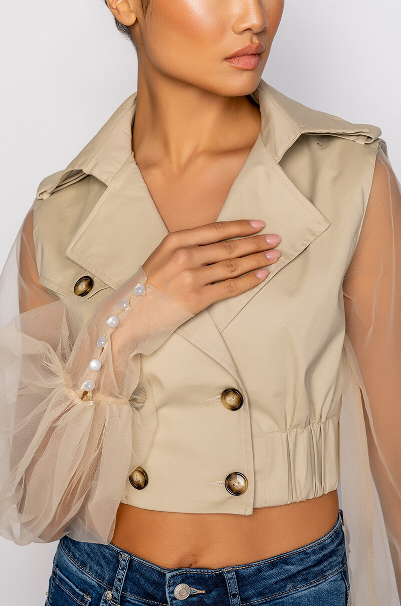 CROP TRENCH WITH TULLE ARMS