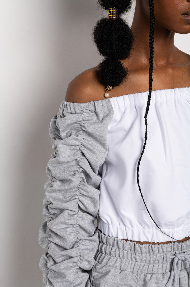 ICONIC OFF THE SHOULDER RUCHED SWEATSHIRT