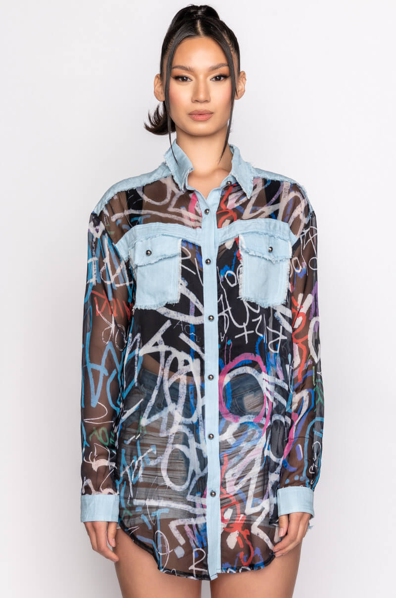 I'LL TAKE IT FROM HERE MESH LONG SLEEVE BUTTON UP BLOUSE