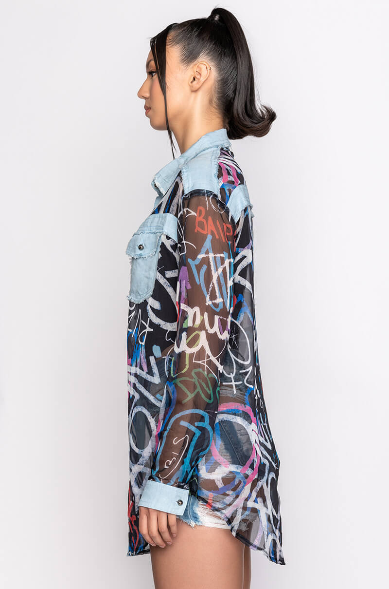 I'LL TAKE IT FROM HERE MESH LONG SLEEVE BUTTON UP BLOUSE