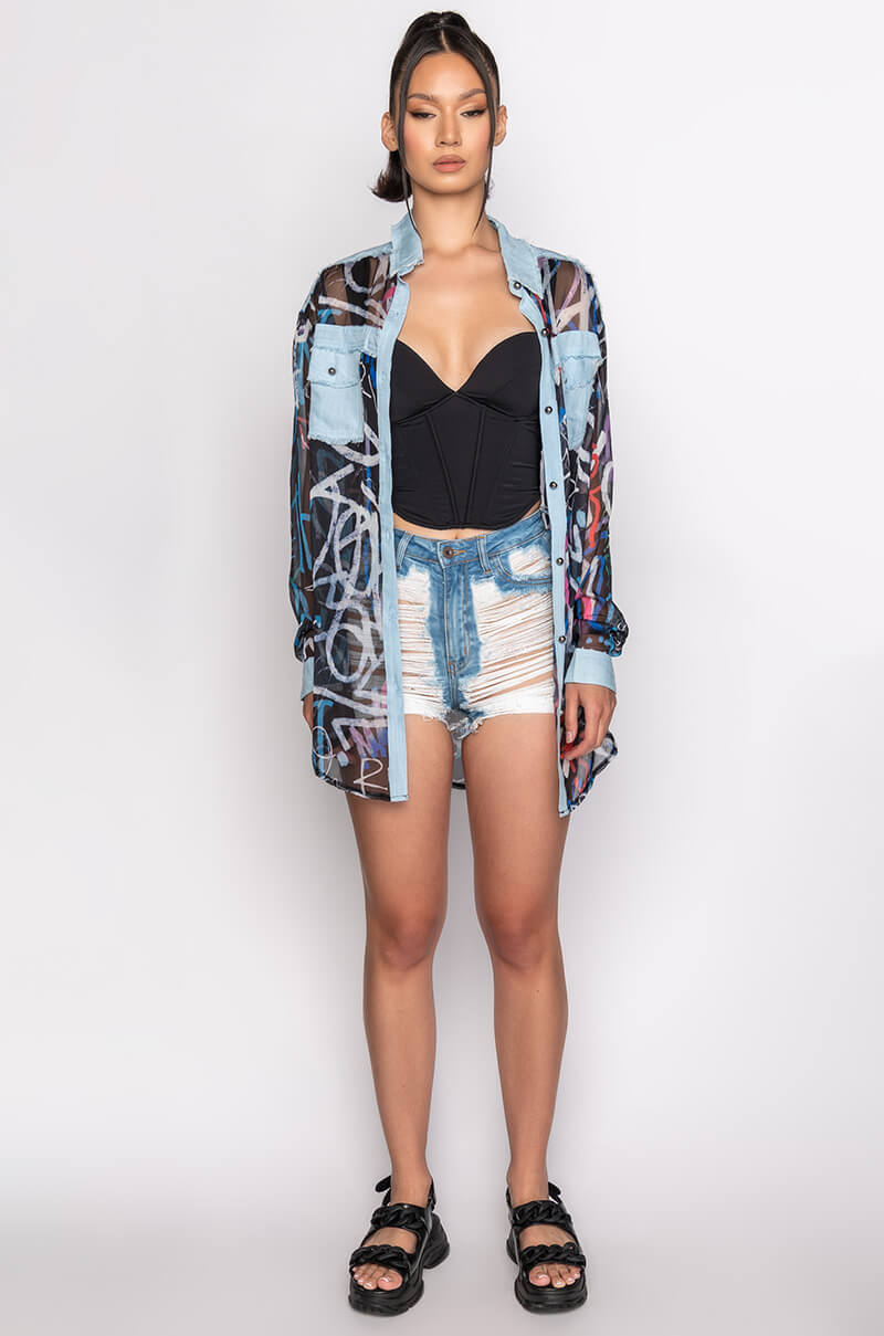I'LL TAKE IT FROM HERE MESH LONG SLEEVE BUTTON UP BLOUSE