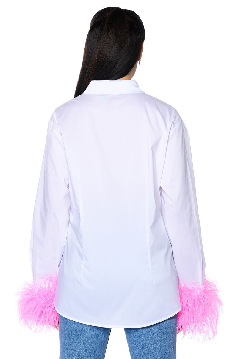 IM A FLIRT OSTRICH FEATHER BUTTON DOWN BLOUSE