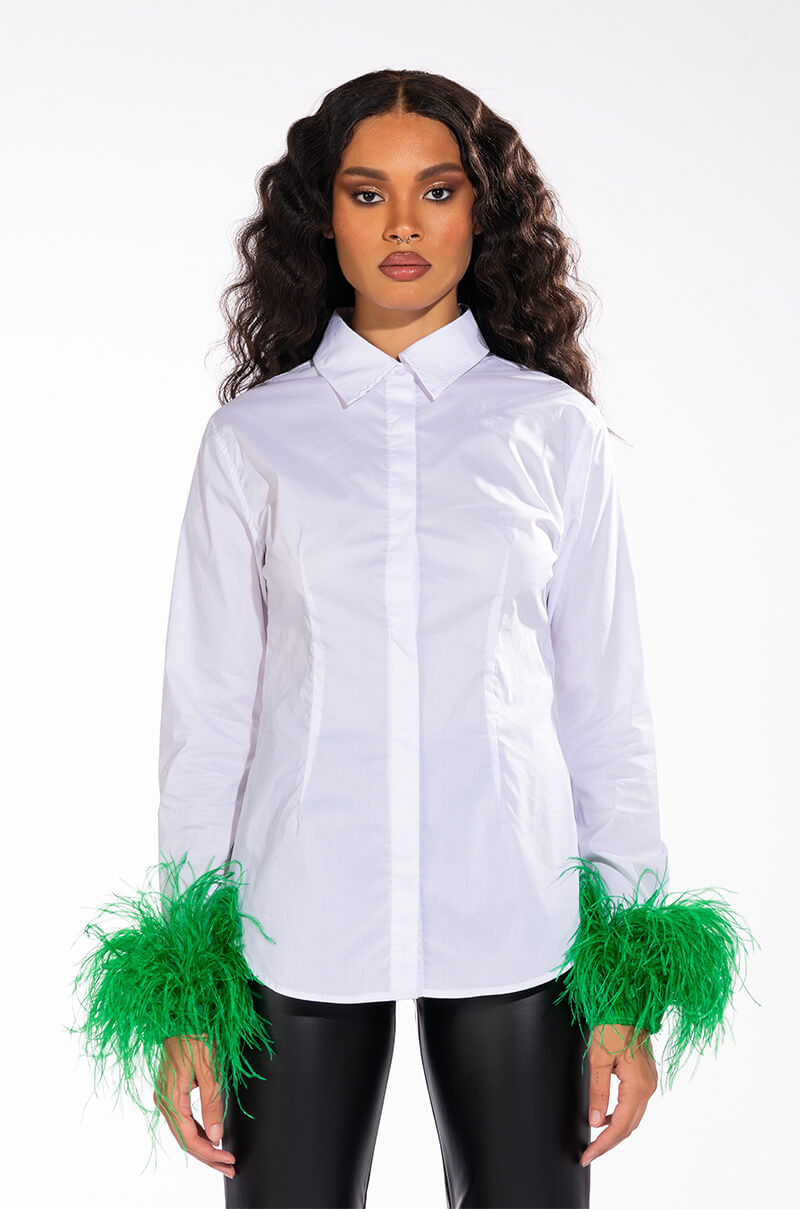 IM A FLIRT OSTRICH FEATHER BUTTON DOWN BLOUSE