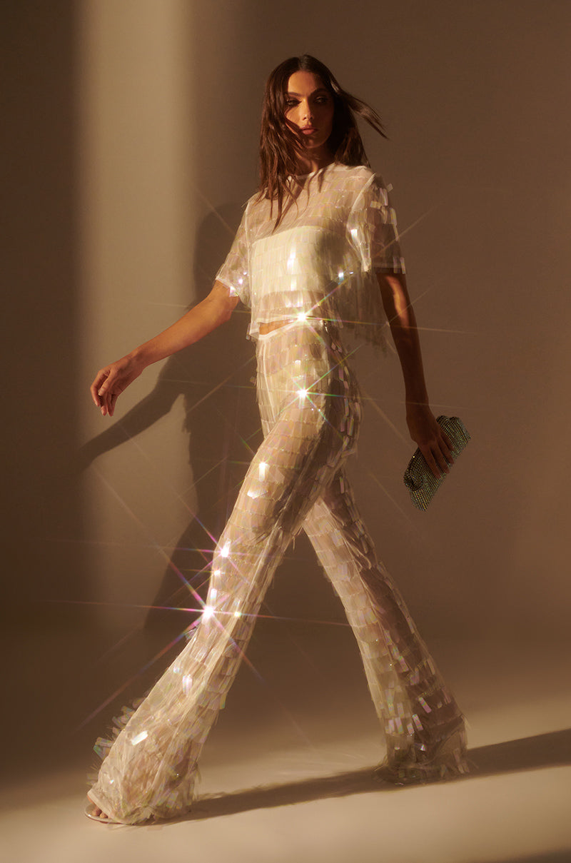 IMPRESS ME IRIDESCENT WIDE LEG SEQUIN PANT