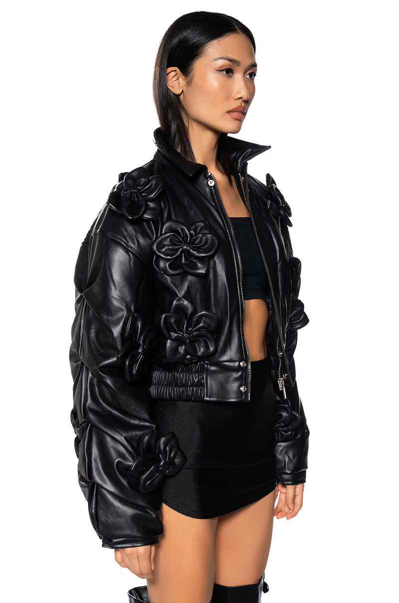IN BLOOM FAUX LEATHER BOMBER