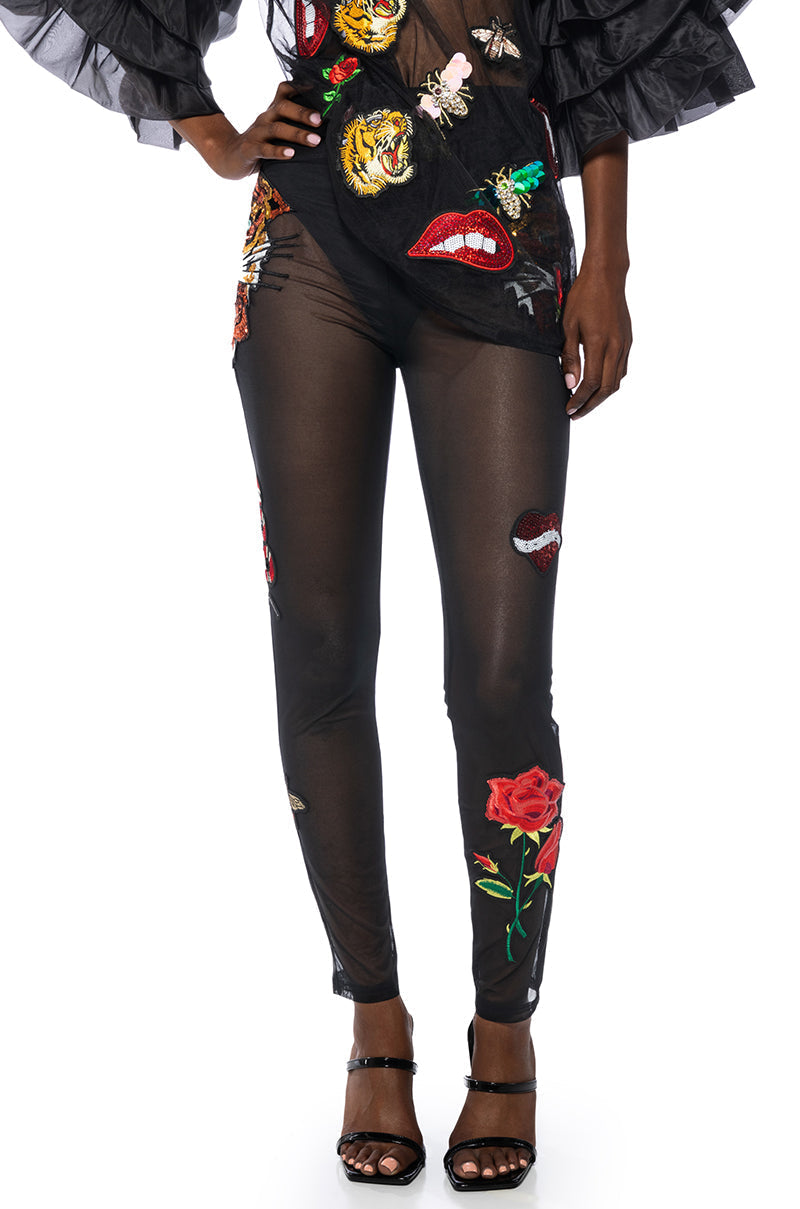 INKED SEQUIN APPLIQUE MESH LEGGING