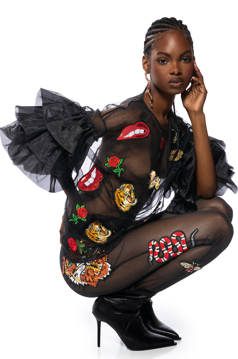 INKED SEQUIN APPLIQUE MESH LEGGING