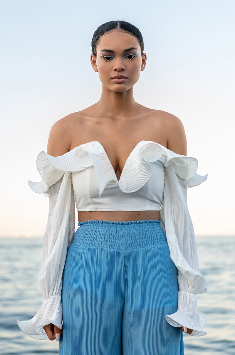 ISN'T SHE LOVELY CROPPED LONG SLEEVE RUFFLE DETAIL BLOUSE