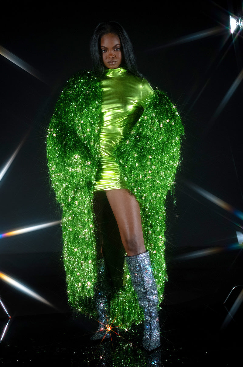 IT GIRL METALLIC MINI DRESS IN GREEN