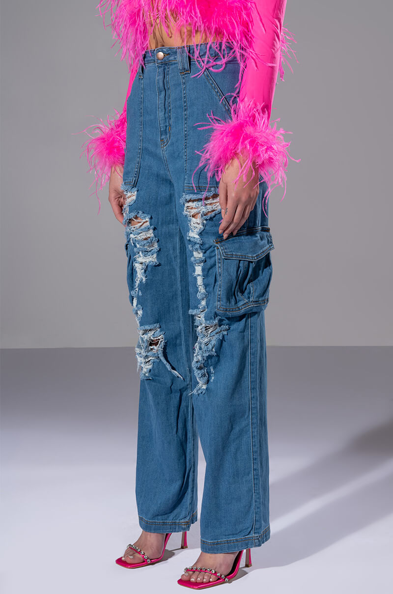 IVY DISTRESSED CARGO HIGH WAISTED JEANS