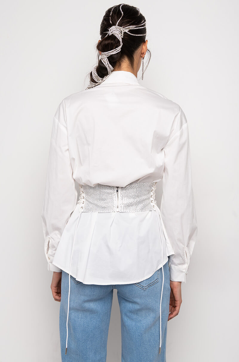 IVY RHINESTONE CORSET BUTTON DOWN BLOUSE
