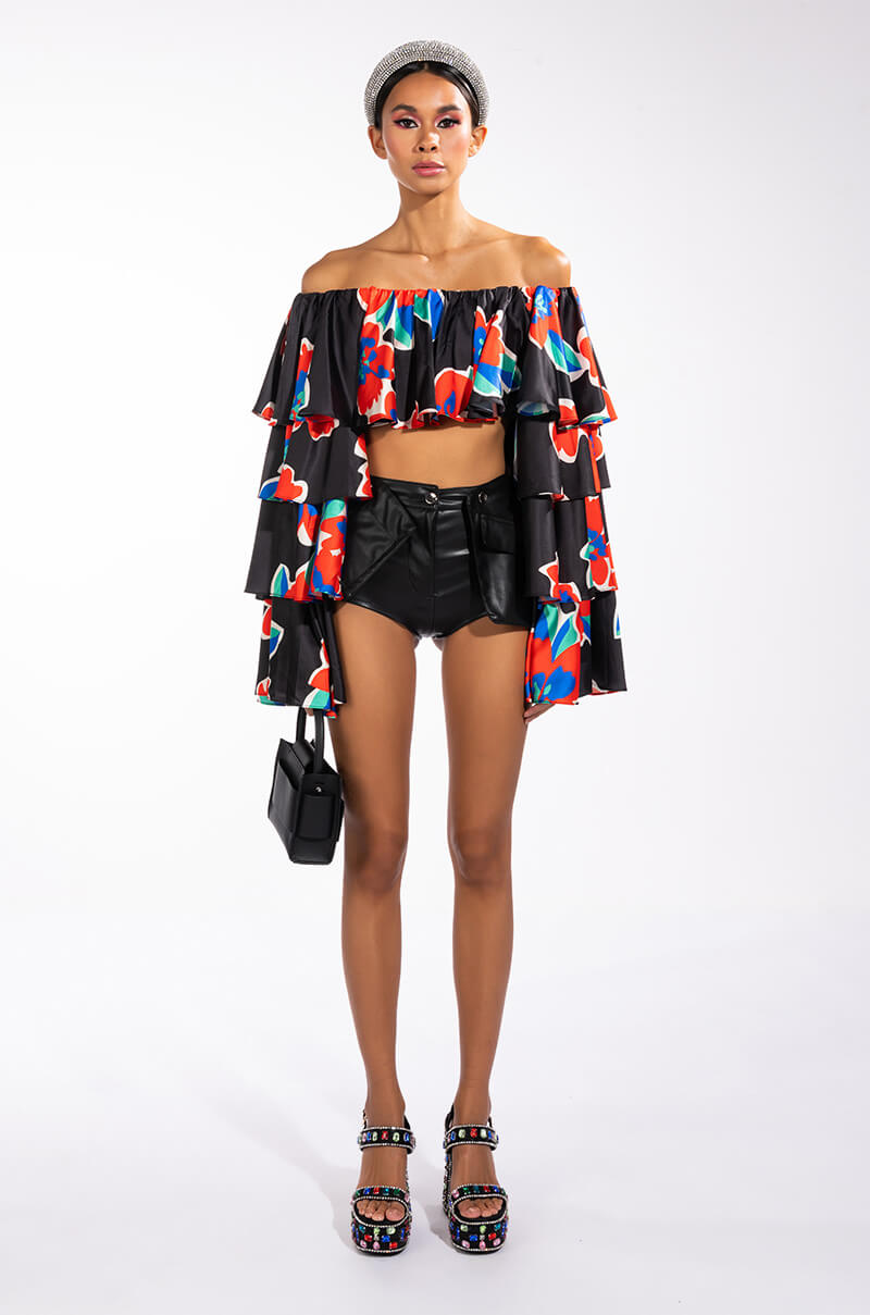 JUST A CRUSH LONG SLEEVE SATIN CROPPED BLOUSE