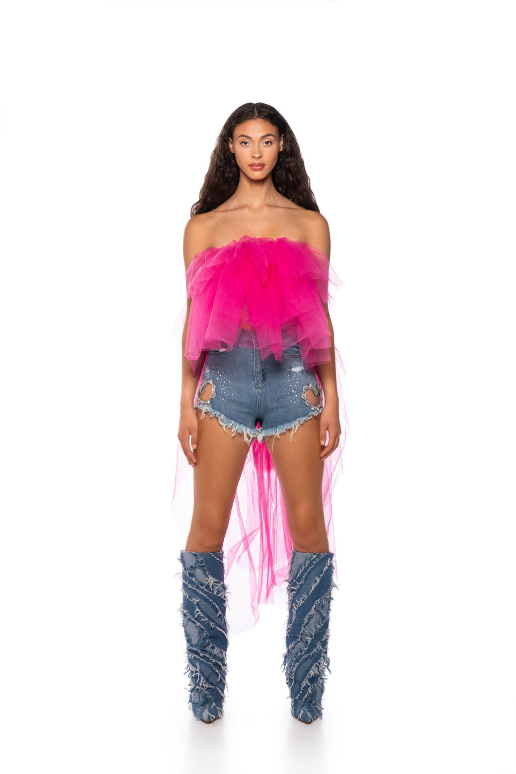 KADEN STRAPLESS HIGH LOW TULLE TOP IN PINK