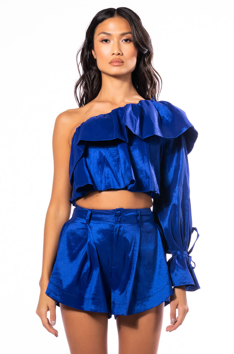 KAMILA ONE SHOULDER STRETCH TAFFETA CROPPED BLOUSE