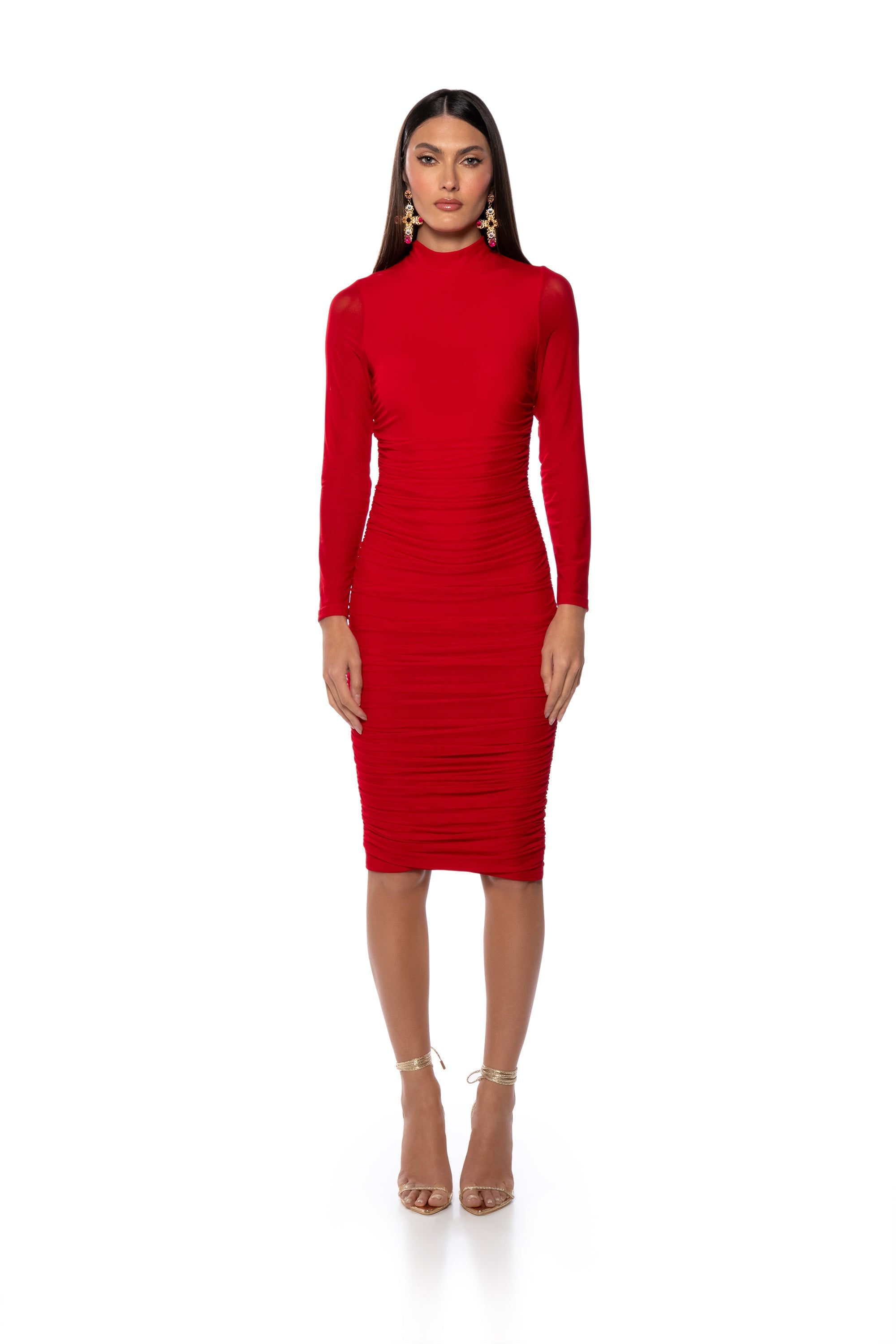 KEEP IT LOW KEY LONG SLEEVE MIDI RUCHED DRESS