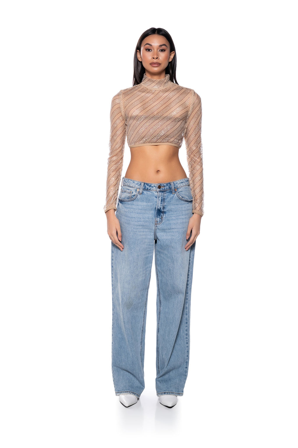 KEEP ME BODIED EMBELLISHED HIGH NECK CROP TOP IN BEIGE MULTI