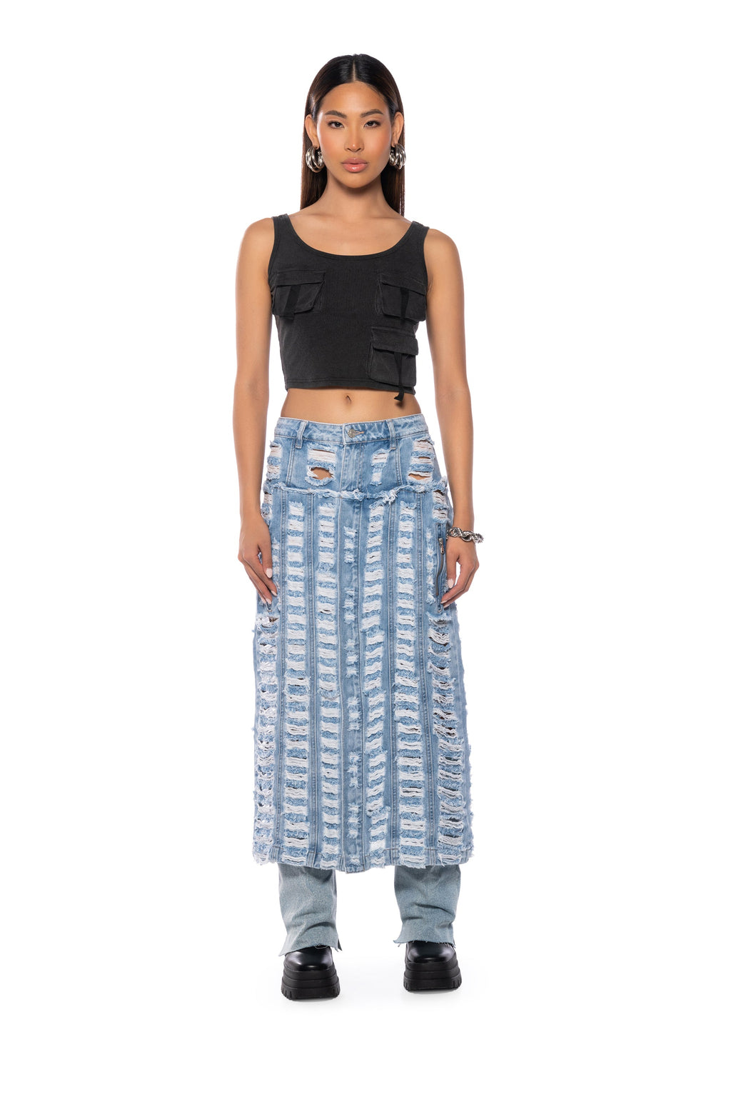 KENNIE DISTRESSED DENIM MIDI SKIRT
