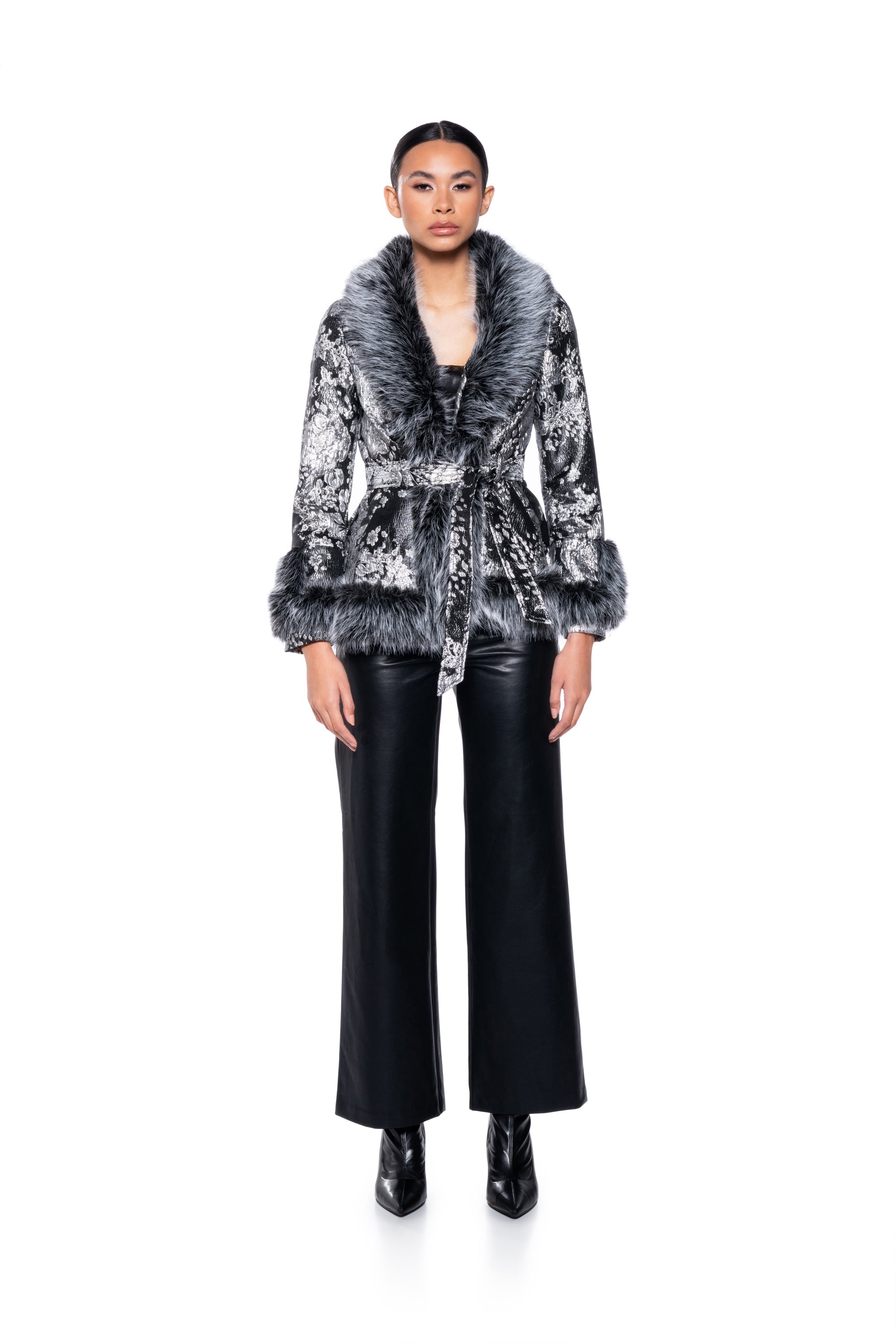 KENZY LUXE FAUX FUR TRIM BROCADE PEPLUM MOTO