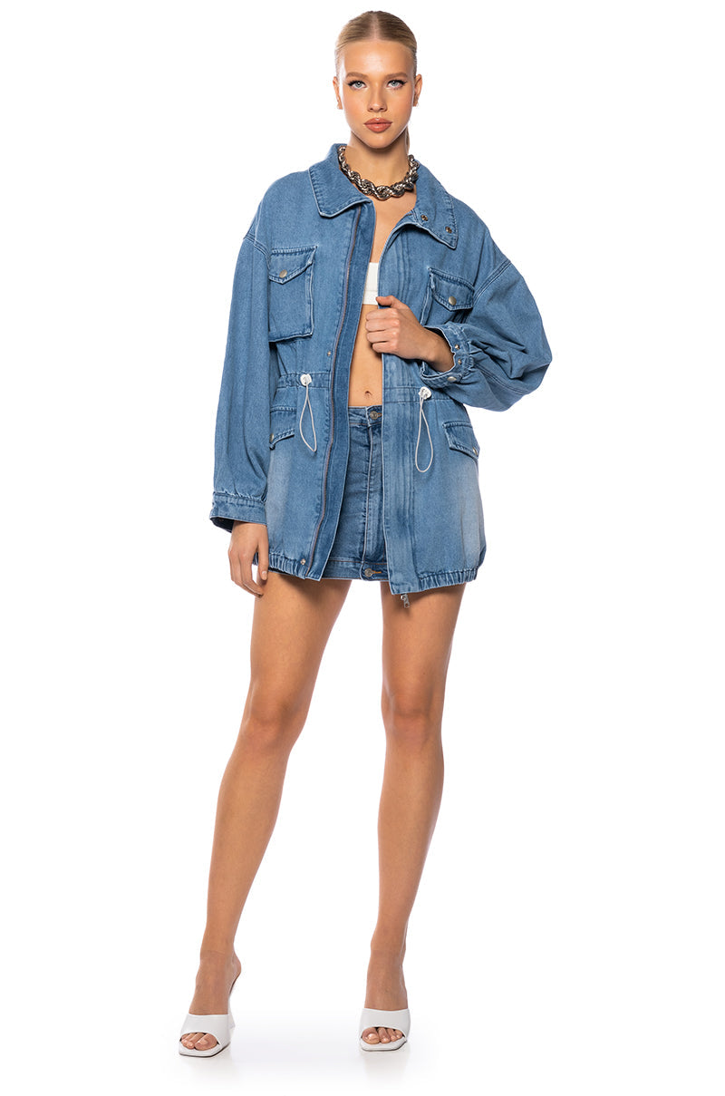 KICKSTART CINCHED WAIST DENIM JACKET