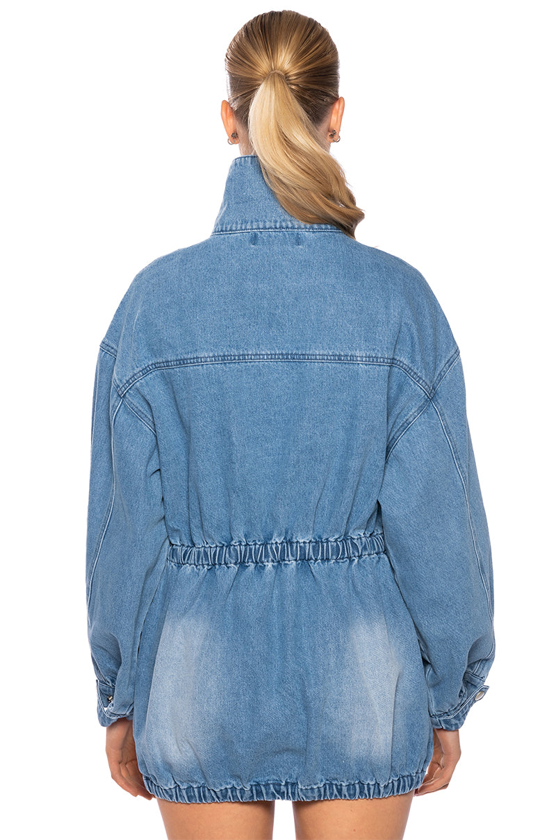 KICKSTART CINCHED WAIST DENIM JACKET