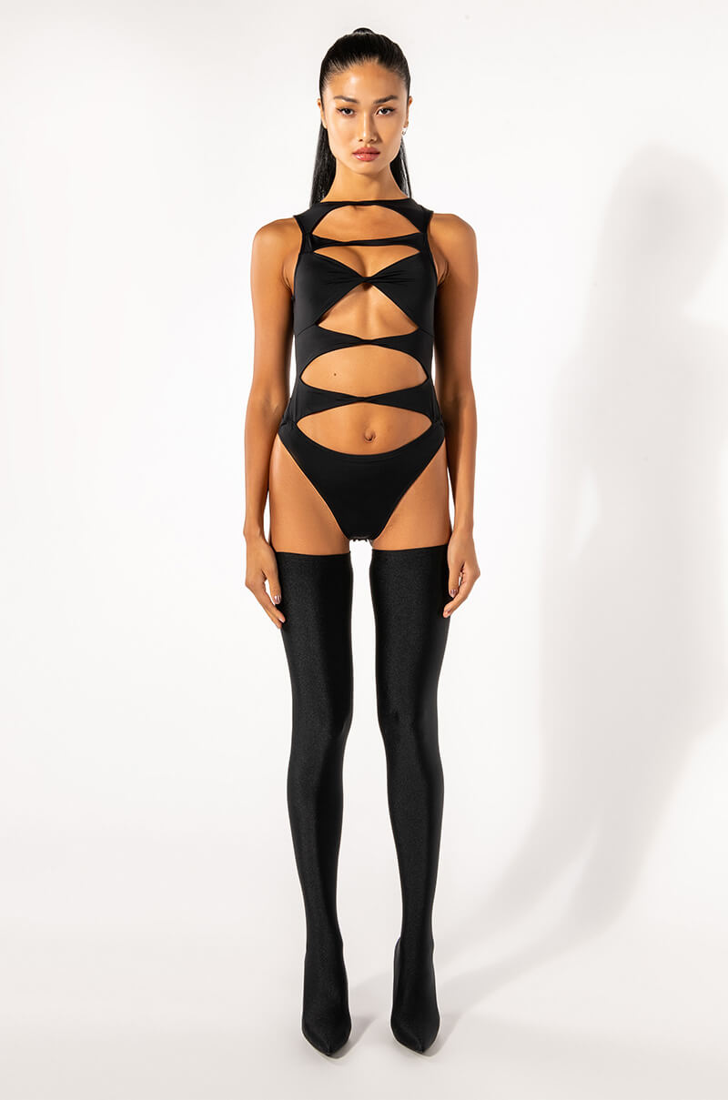 KNOT YOUR BUSINESS SLEEVELESS CUTOUT BODYSUIT