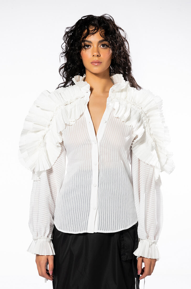 LADY LUCK LONG SLEEVE RUFFLE BUTTON DOWN BLOUSE
