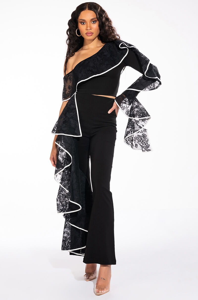 SELENA HIGH RISE LACE DETAIL FLARE TROUSER