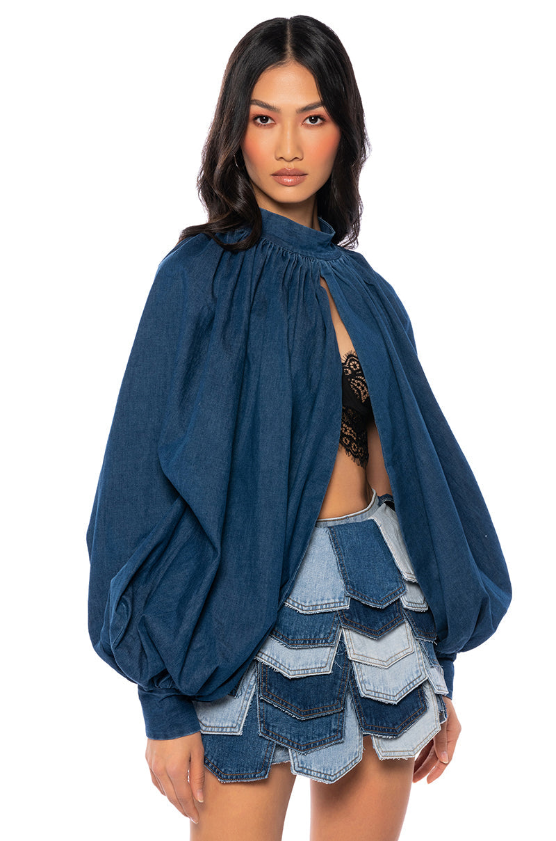 LEAH RUCHED DENIM MOCK NECK TOP