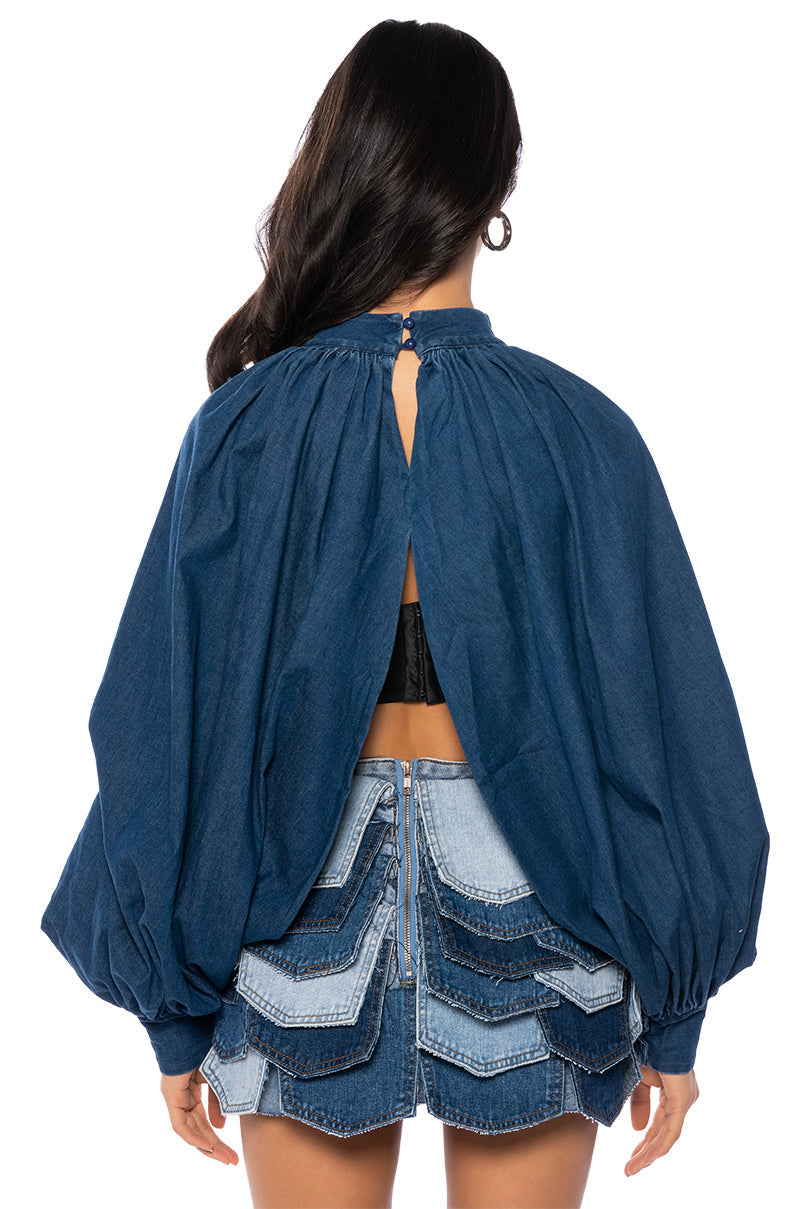 LEAH RUCHED DENIM MOCK NECK TOP