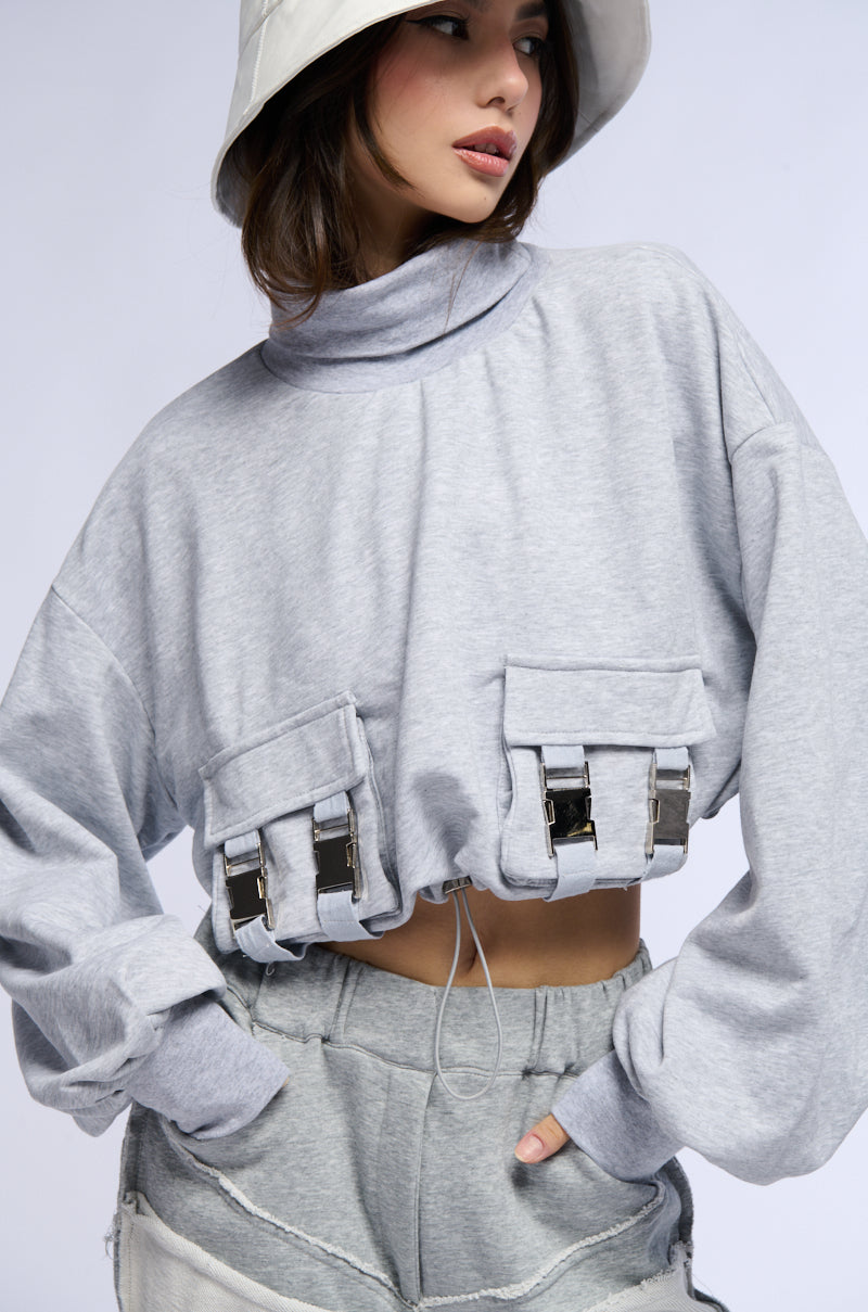 LENI CARGO POCKET MOCK NECK SWEATSHIRT