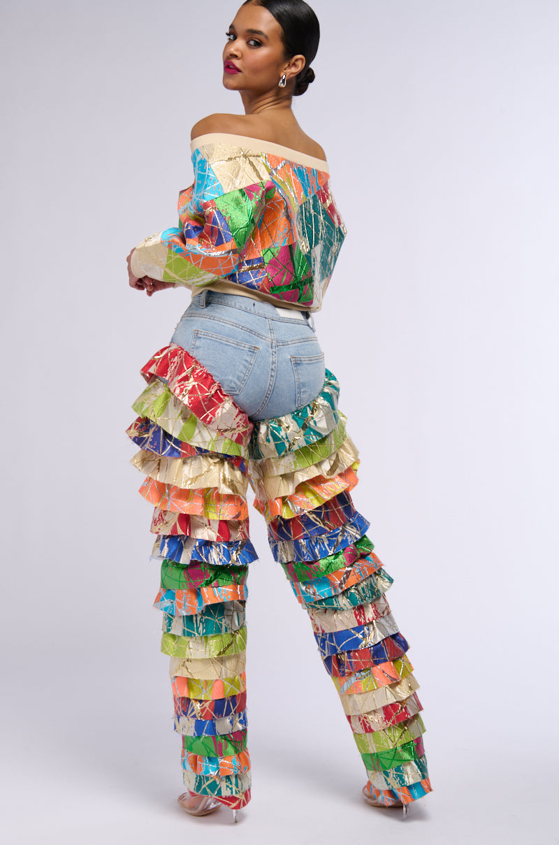 LIFE IS BUT A DREAM BROCADE RUFFLE DENIM JEANS