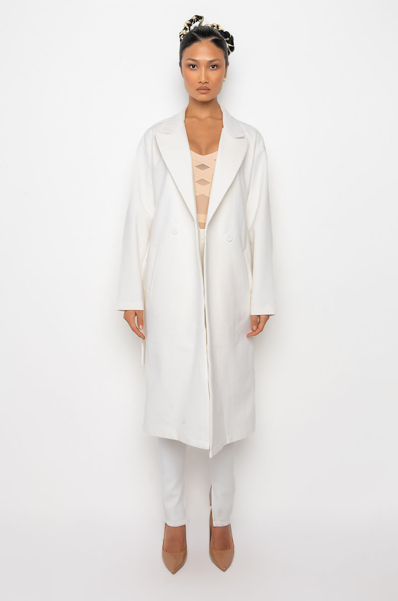 LIKE WHEN I GET HIGH LONG WHITE TRENCH COAT