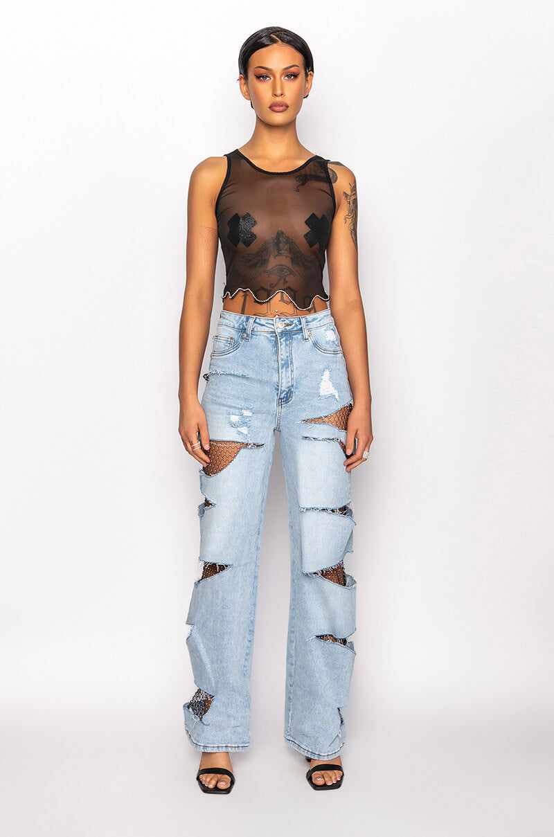 LIVE FAST RHINESTONE TRIM MESH TANK