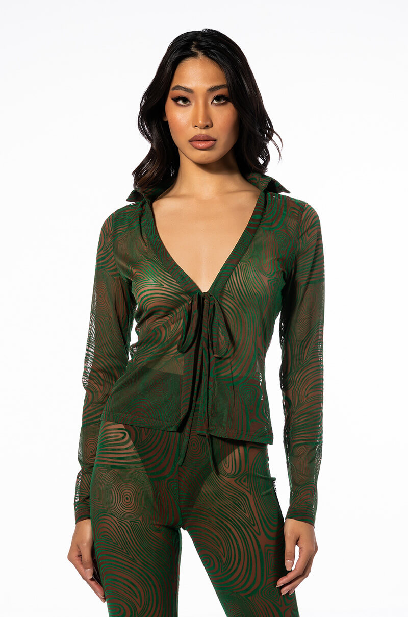 LIVIN ON A PRAYER TIE FRONT MESH BLOUSE