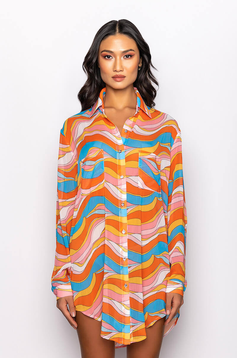 LIVING PROOF OVERSIZED CHIFFON BUTTON DOWN BLOUSE