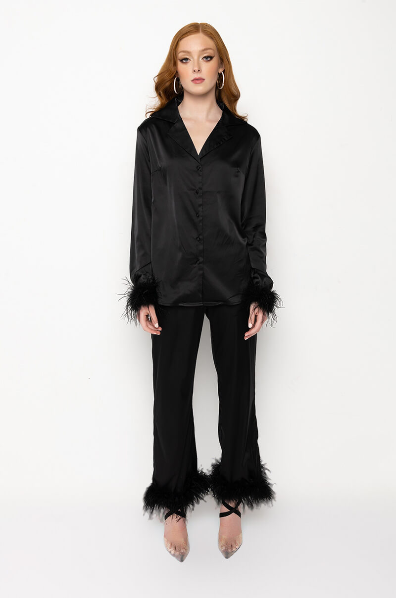 LOLA FEATHER DETAIL SATIN PANT