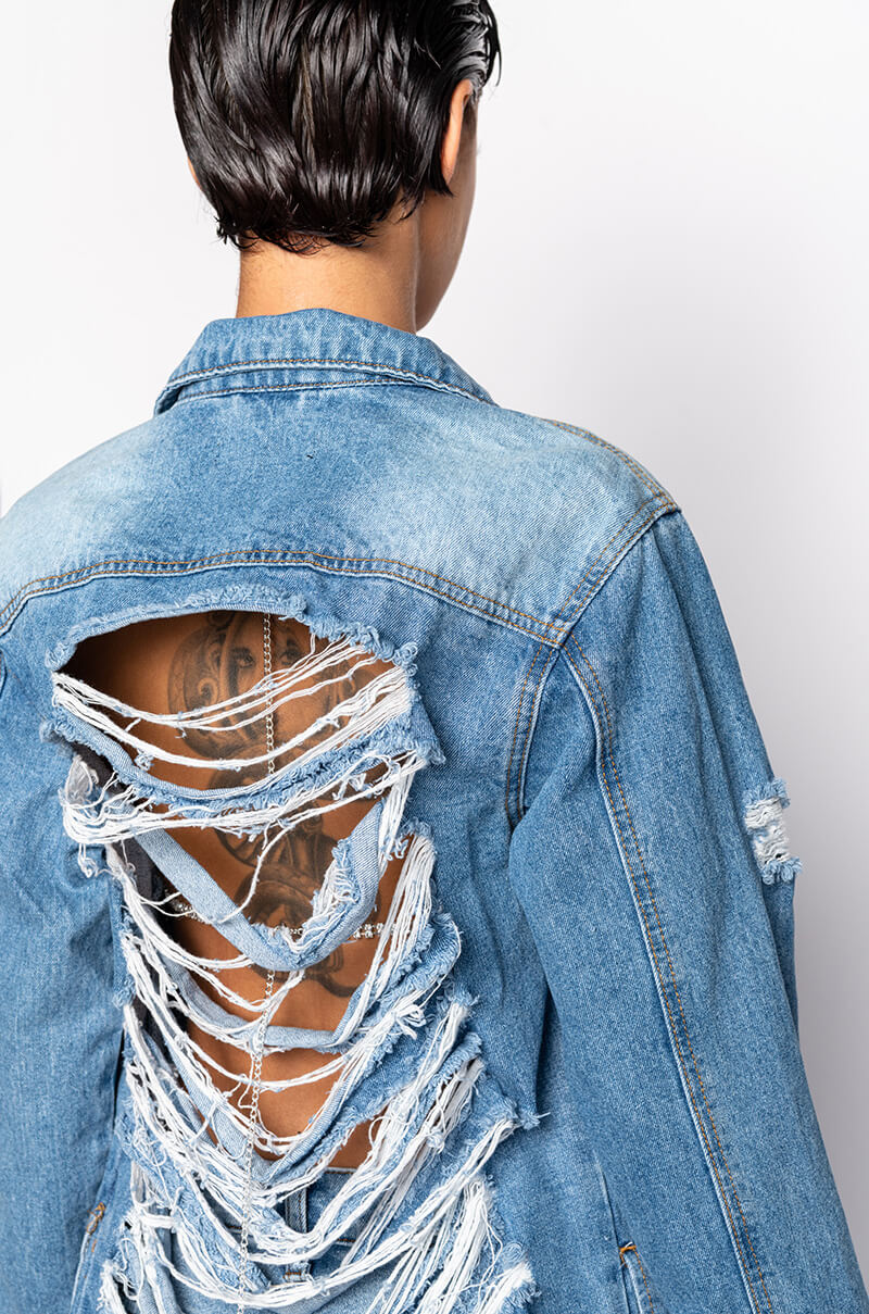LONG DENIM JACKET WITH DISTRESSING