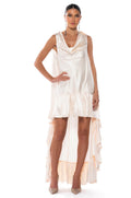 LONNIE COWL NECK HIGH LOW SATIN MIDI DRESS