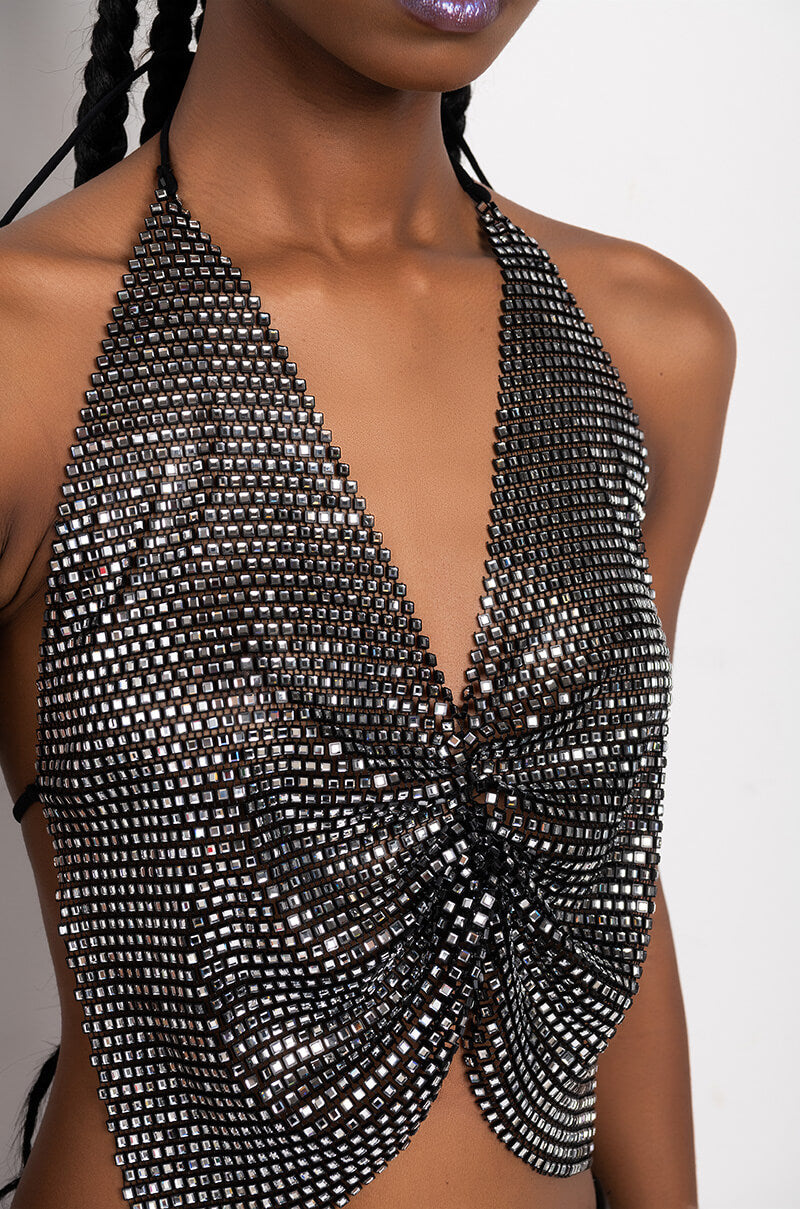 LOOKING LIKE IT RHINESTONE HALTER BLOUSE