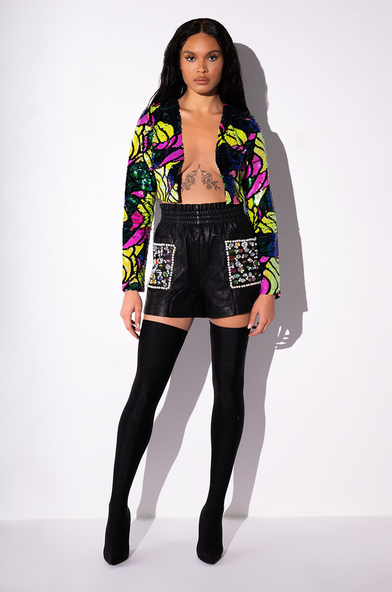 LORIE GEM EMBELLISHED FAUX LEATHER SHORTS