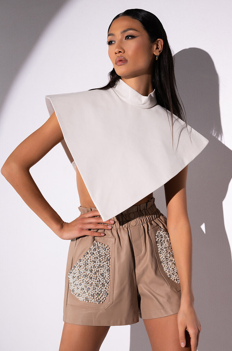 LORIE PEARL EMBELLISHED FAUX LEATHER SHORTS
