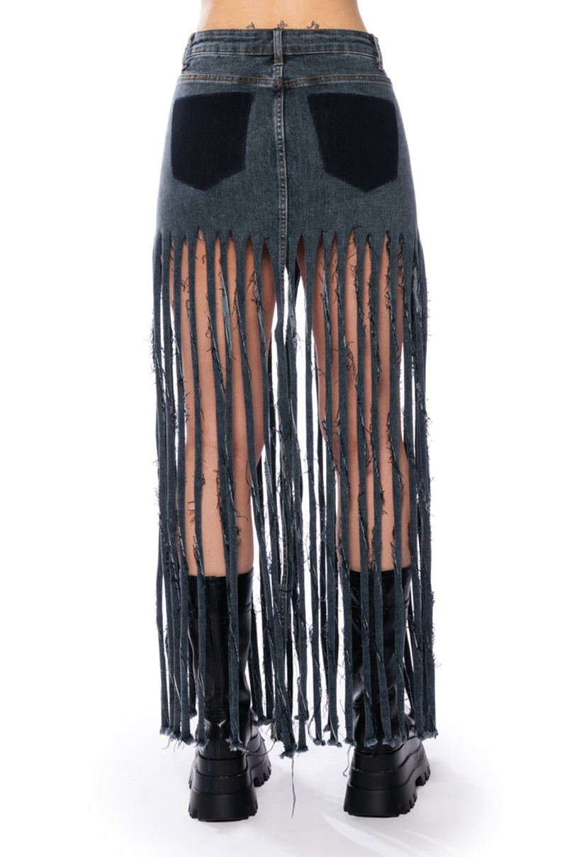 LOST AT SEA FRINGE DENIM MAXI SKIRT