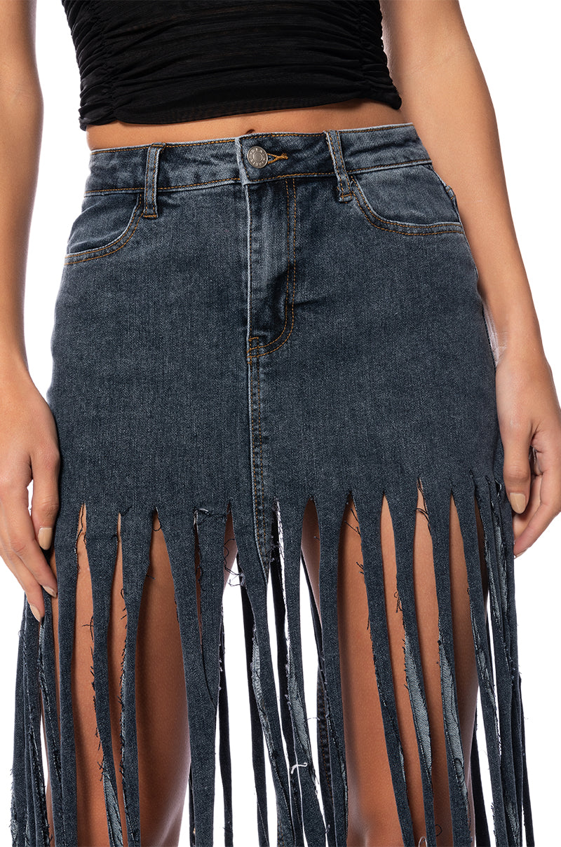LOST AT SEA FRINGE DENIM MAXI SKIRT