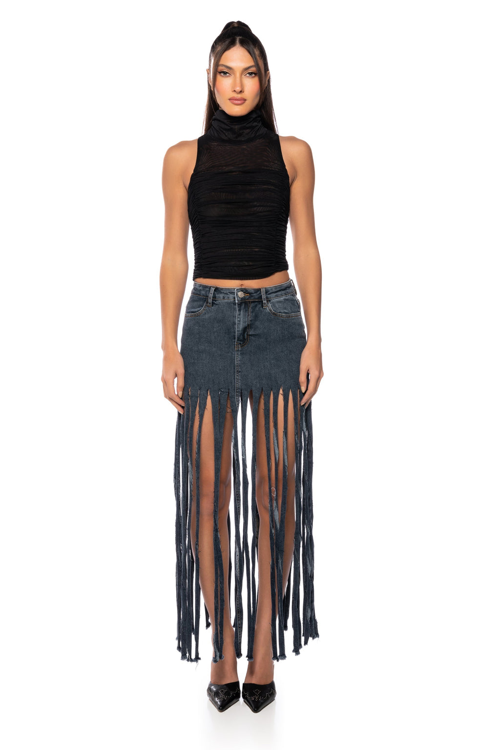 LOST AT SEA FRINGE DENIM MAXI SKIRT