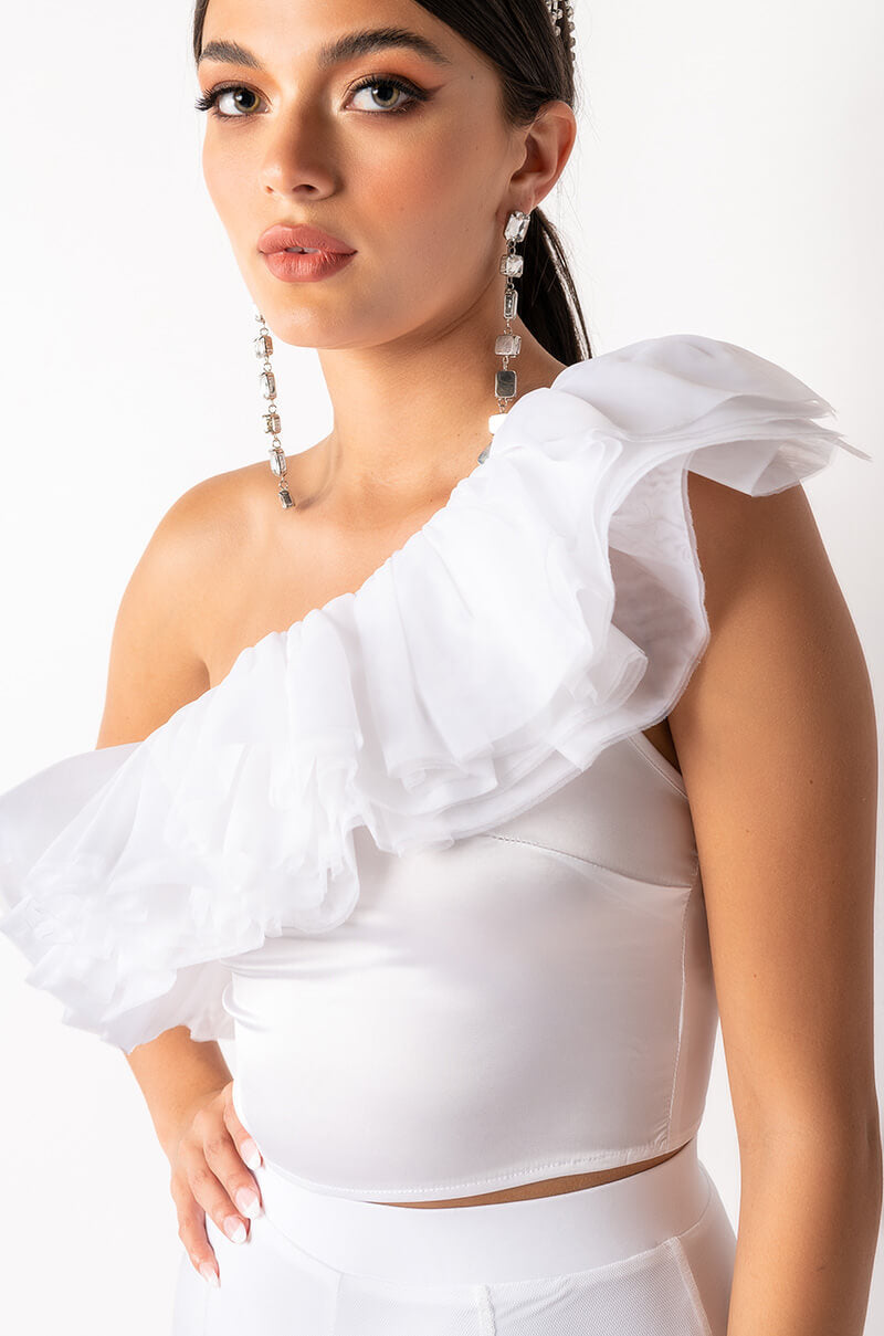 LILA ONE SHOULDER RUFFLED CROP TOP