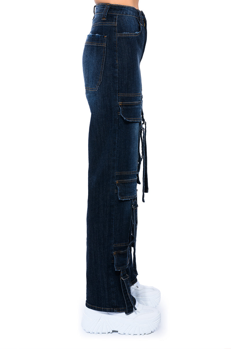 LOVER FOR LIFE BUCKLE DETAILED DENIM CARGOS