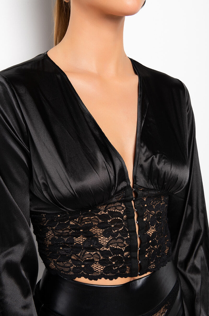LOVER GIRL LACE DETAIL CROPPED SATIN BLOUSE
